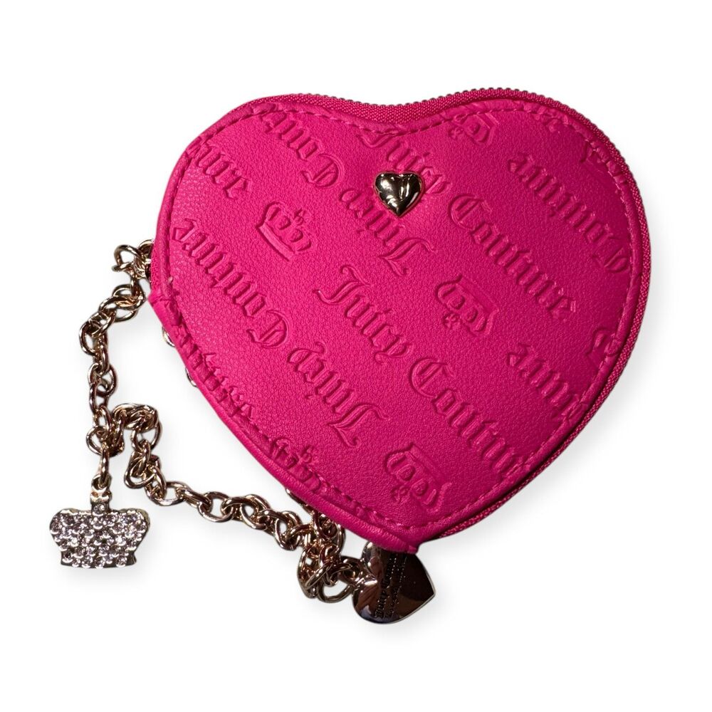 Juicy Couture‎ Pink Heart Wallet w/ Charms Zip Around Gold Chain Wristlet VTG